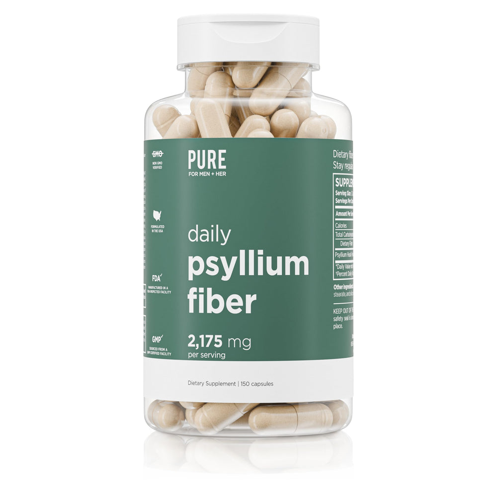 Bottle of daily psyllium husk fiber supplement for digestive health