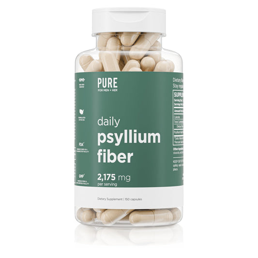 Bottle of daily psyllium husk fiber supplement for digestive health