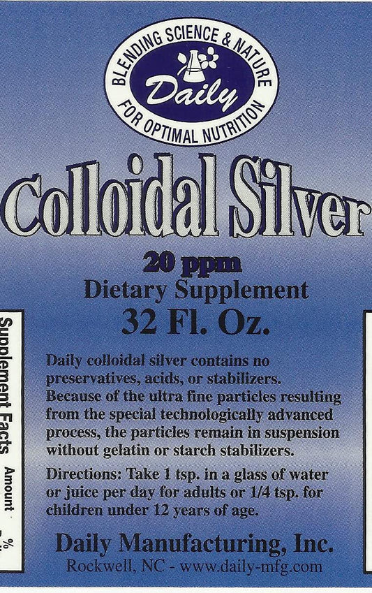 Front view of Daily's Colloidal Silver 20 ppm 32 oz amber bottle