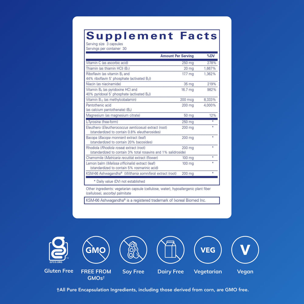 Closeup of Daily Stress Formula capsules for easy daily use.