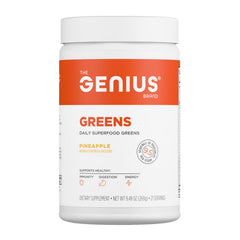 The Genius Brand Daily Superfood Greens canister with pineapple flavor