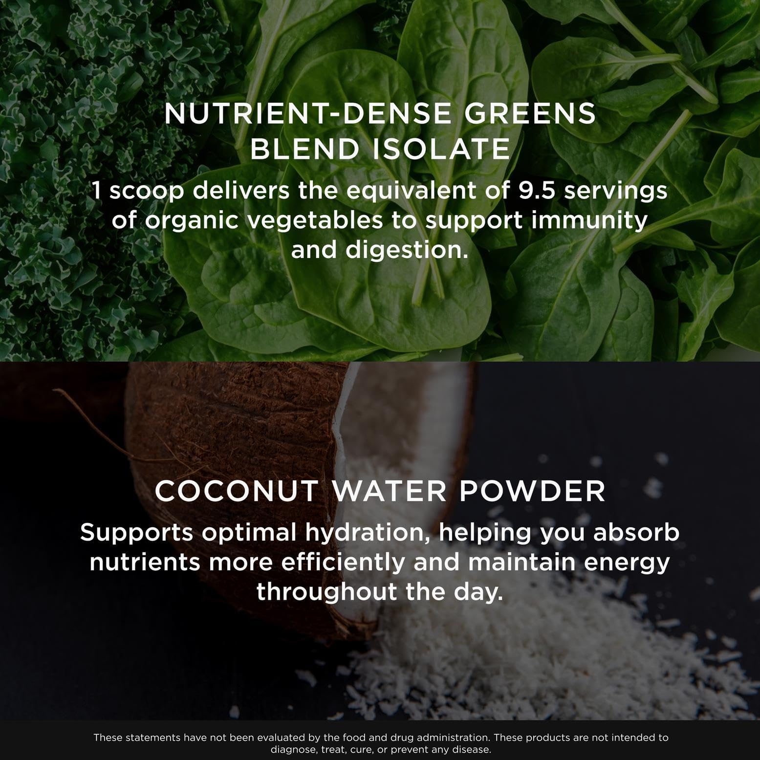 Ingredients panel showing greens, fruits, and vegetables in powder form