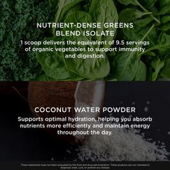 Ingredients panel showing greens, fruits, and vegetables in powder form