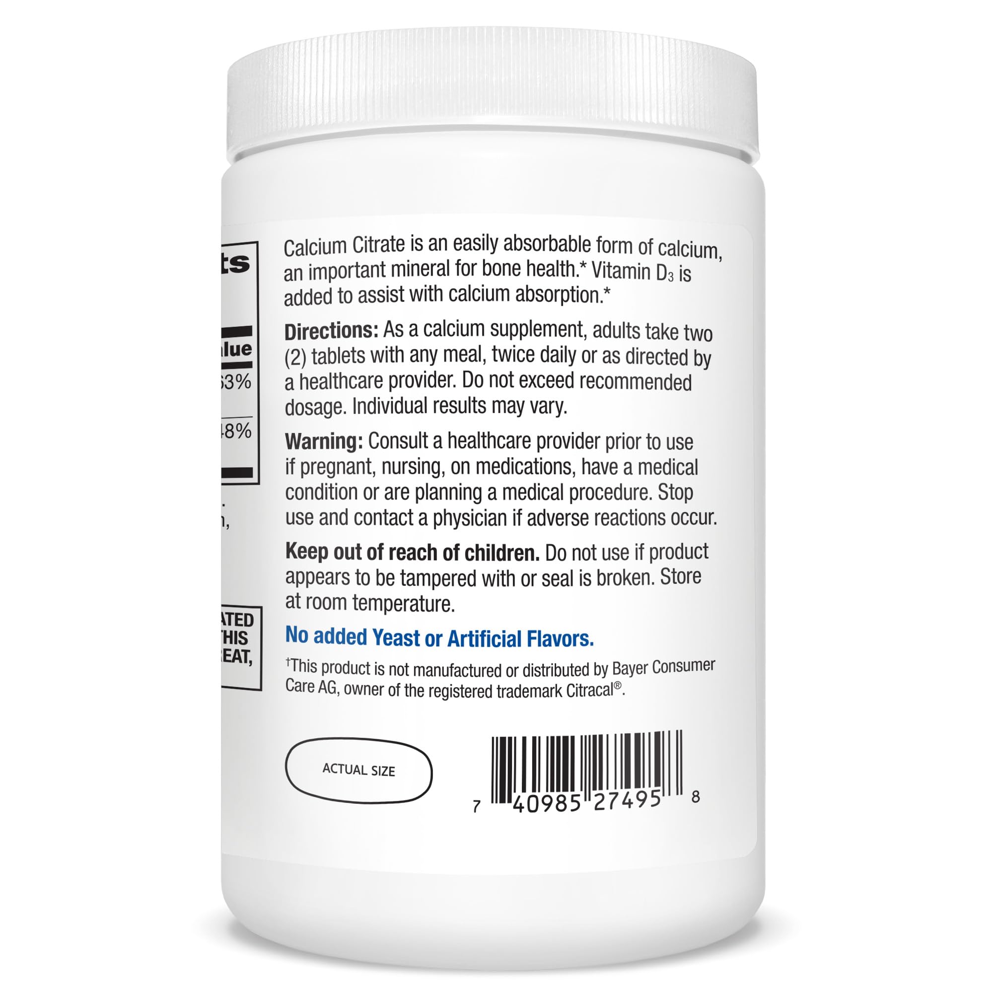 Daily calcium and vitamin D3 supplement bottle with tablets
