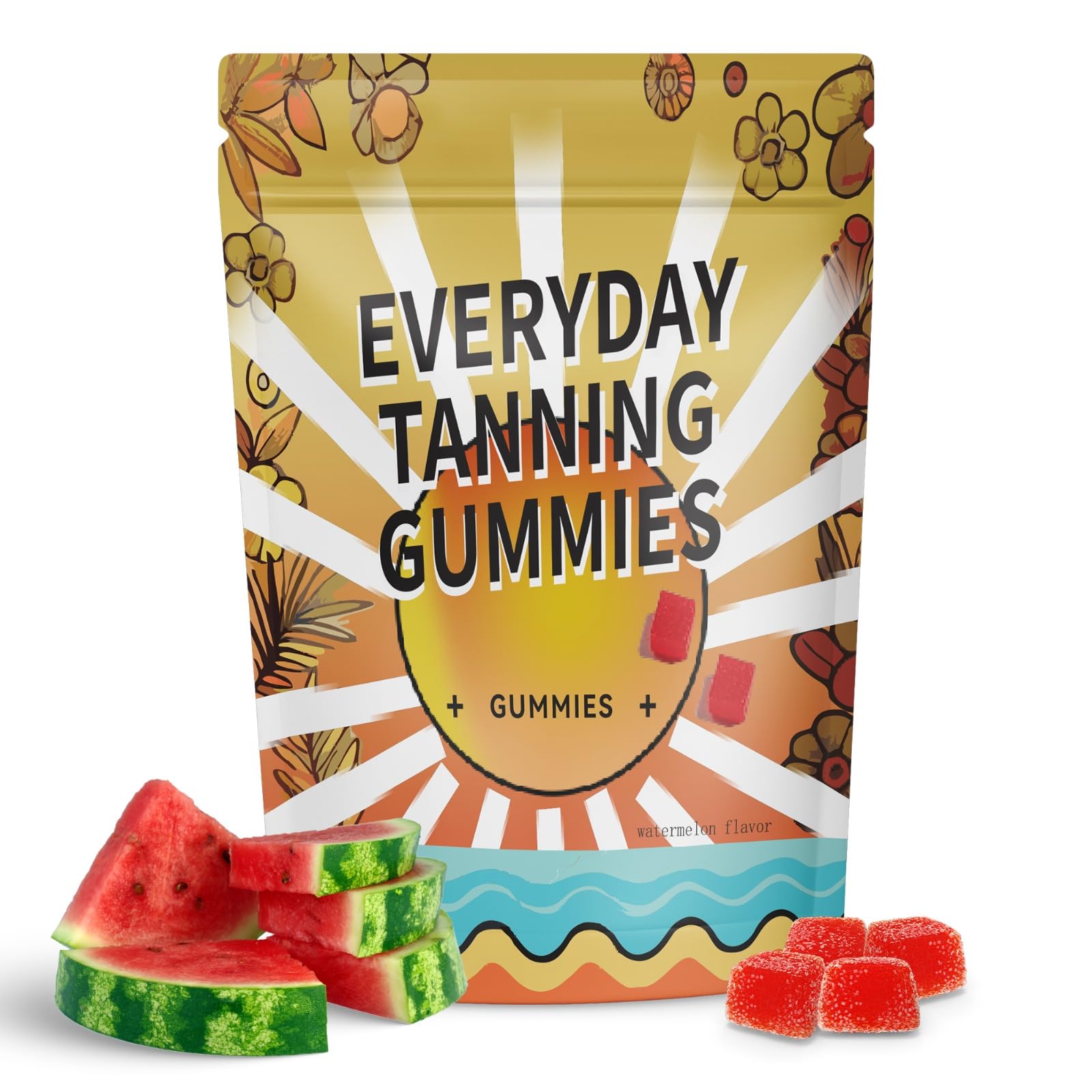 Hero image: Daily Tanning Gummies bottle with watermelon-flavored chews