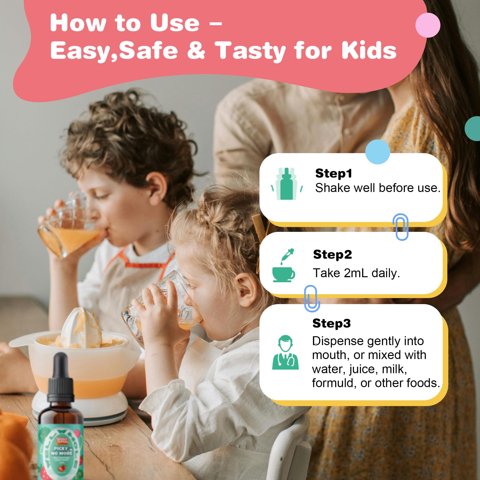 Dropper bottle showing 2 ml daily serving