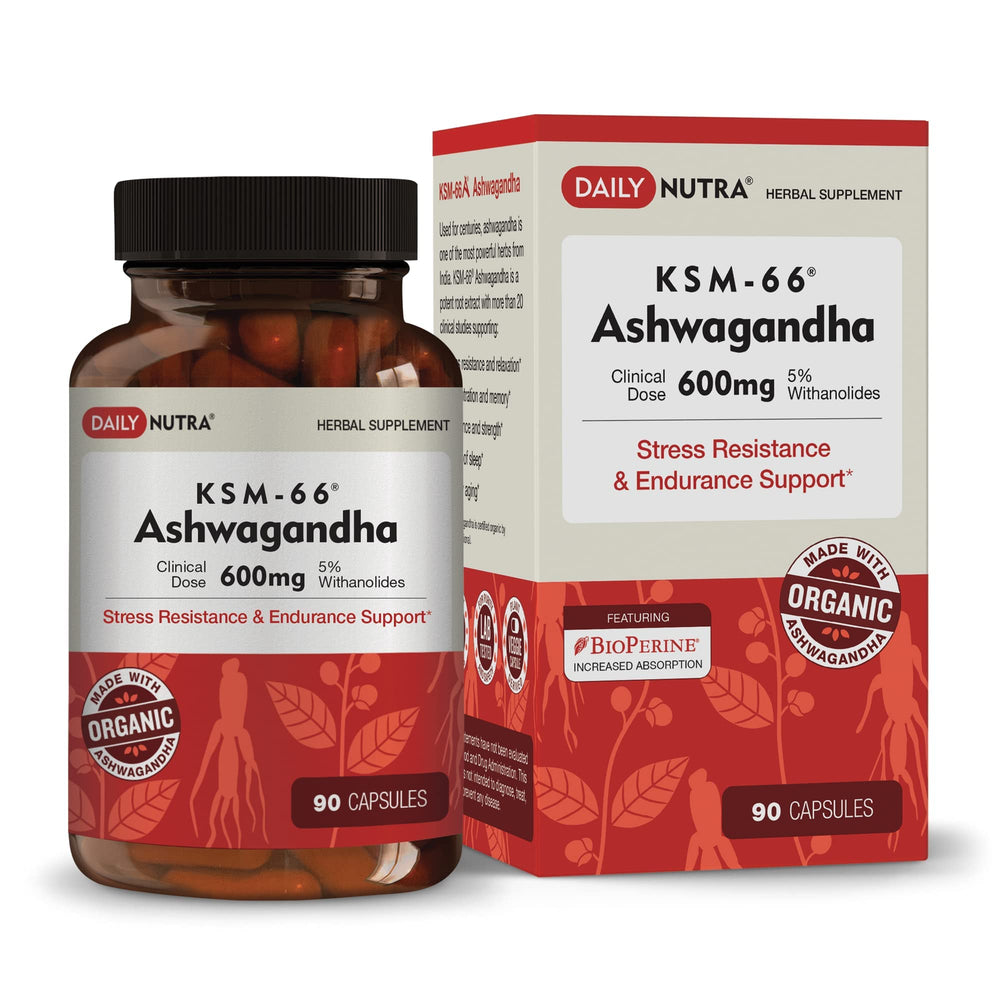 Product hero image showing DailyNutra KSM-66 Ashwagandha 600mg Organic Root Extract bottle.