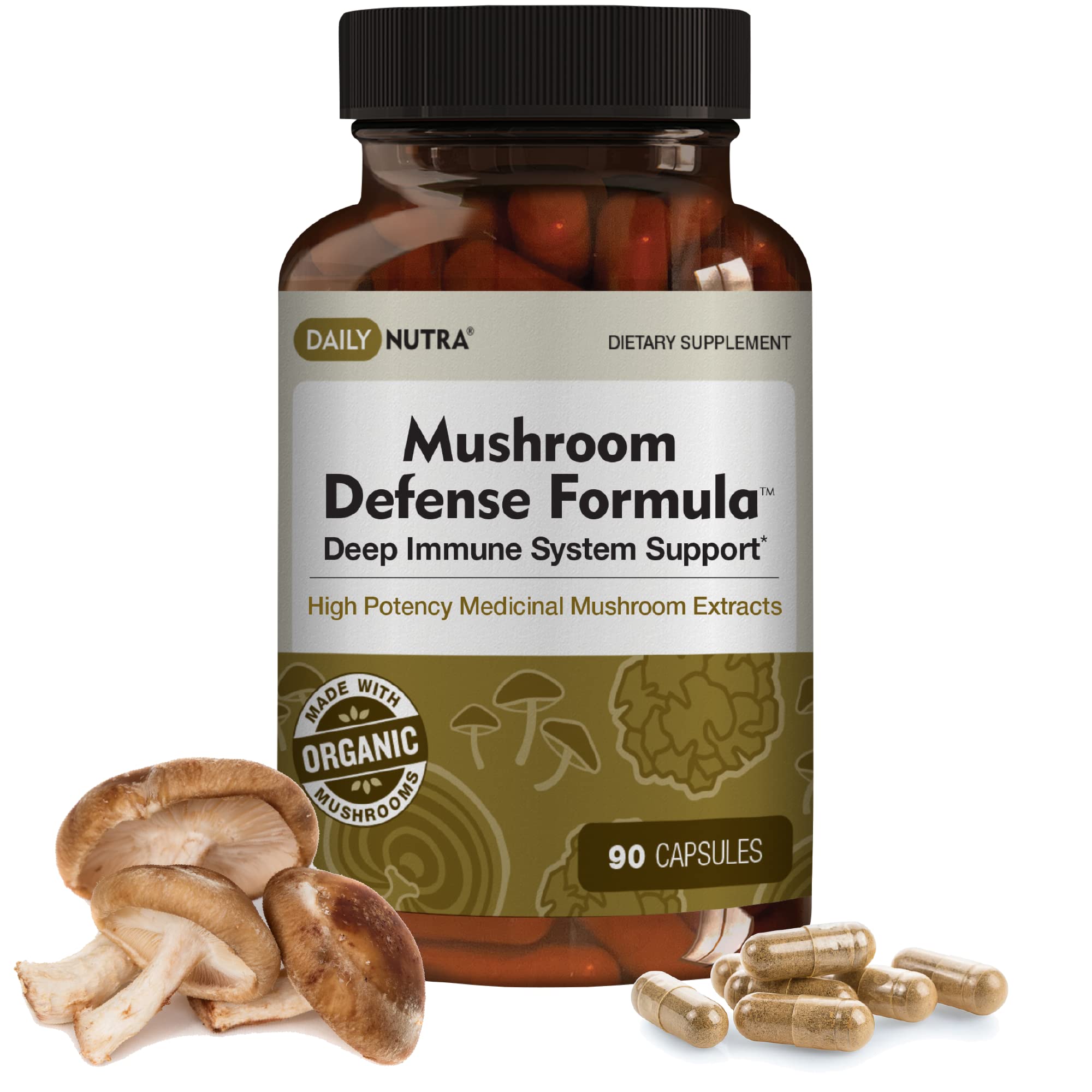 Bottle of DailyNutra Mushroom Defense Formula with label