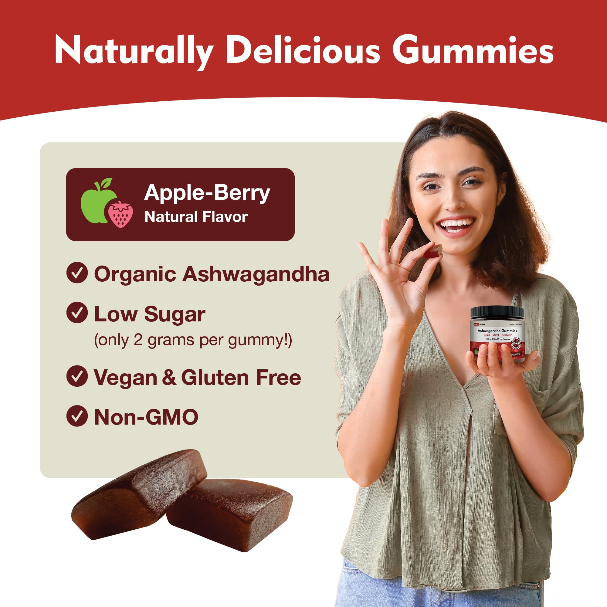DailyNutra two gummies on a spoon illustrating the 600mg serving size