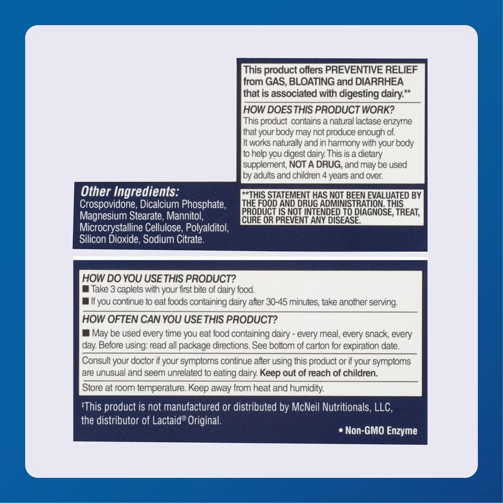 Milk and cheese with Dairy Aid caplets illustrating usage