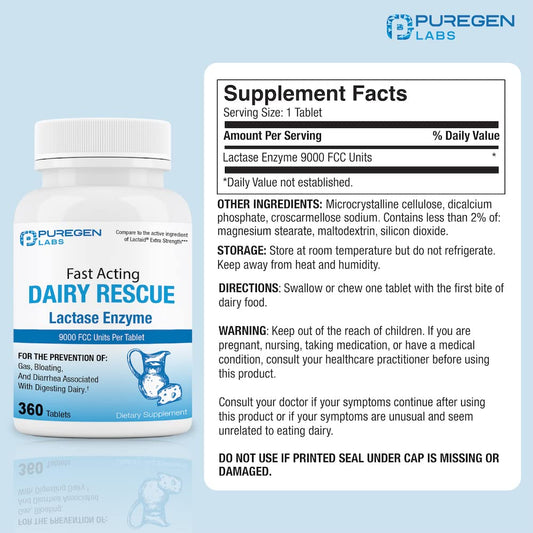 Fast-acting lactose intolerance pills with 9000 FCC lactase per tablet
