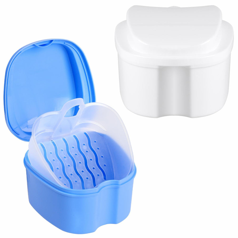 DAJISI 2-pack denture case in blue and white with removable strainer basket