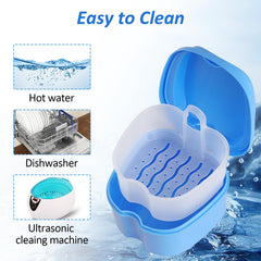 Blue denture soaking cup with detachable basket