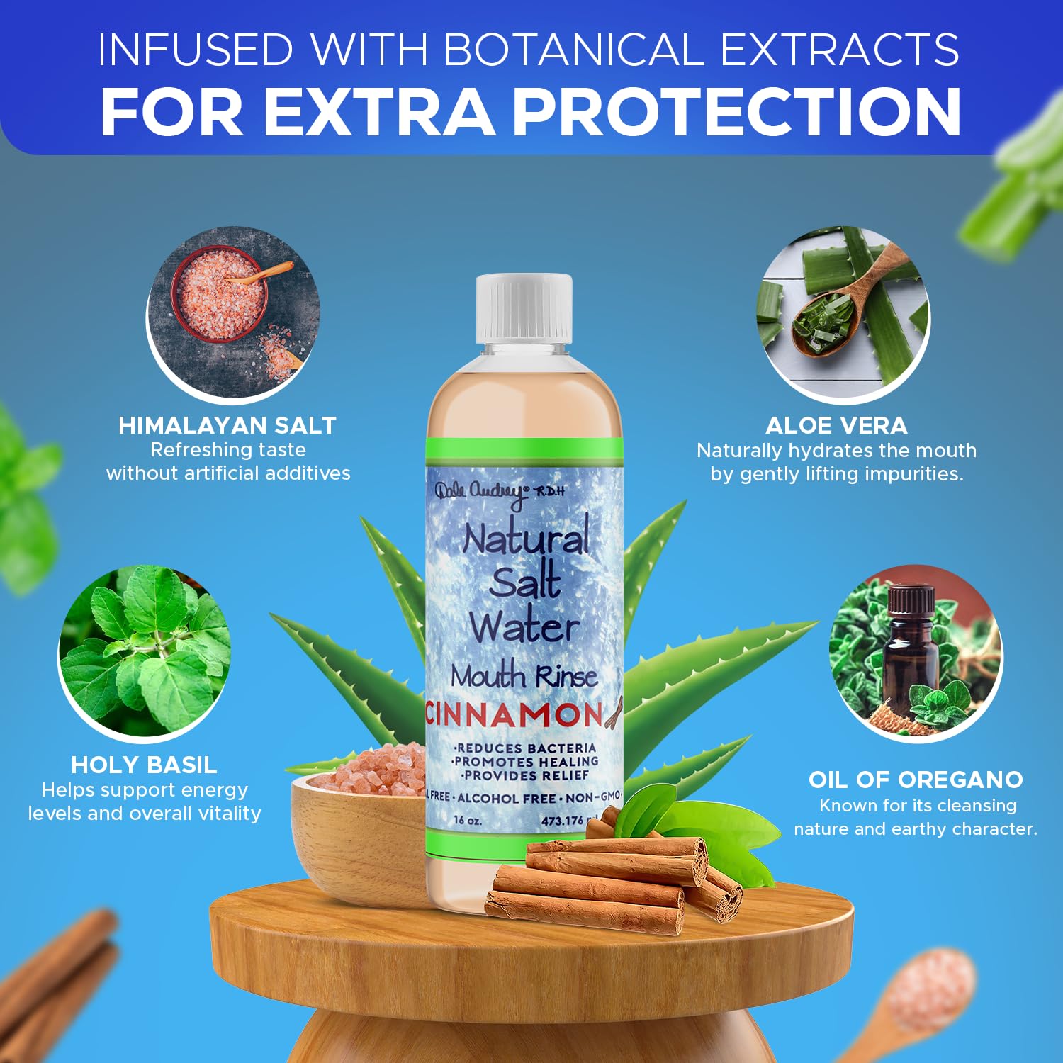 Label close-up showing organic cinnamon flavor and fluoride-free formula