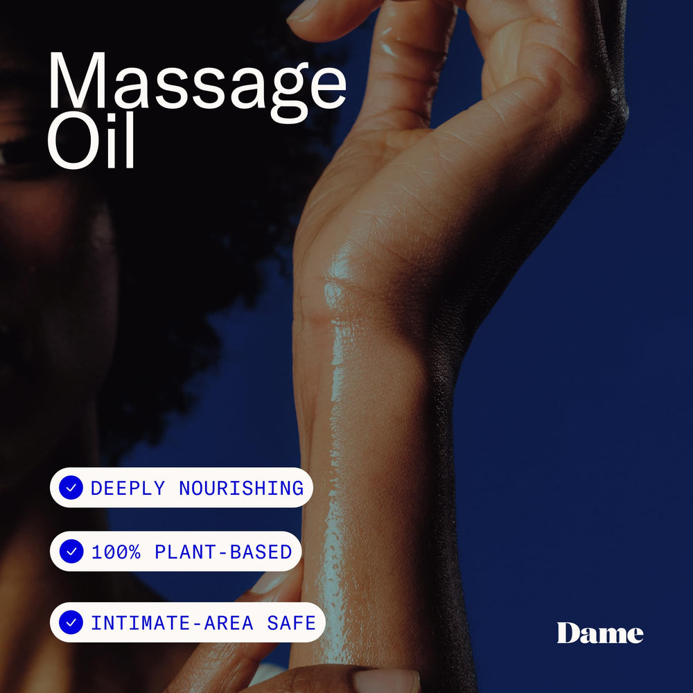 Dame Massage Oil bottle close-up