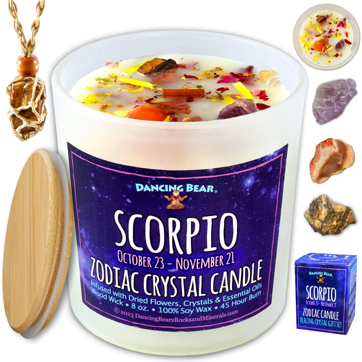 Dancing Bear Scorpio candle in 8oz soy wax with wood wick
