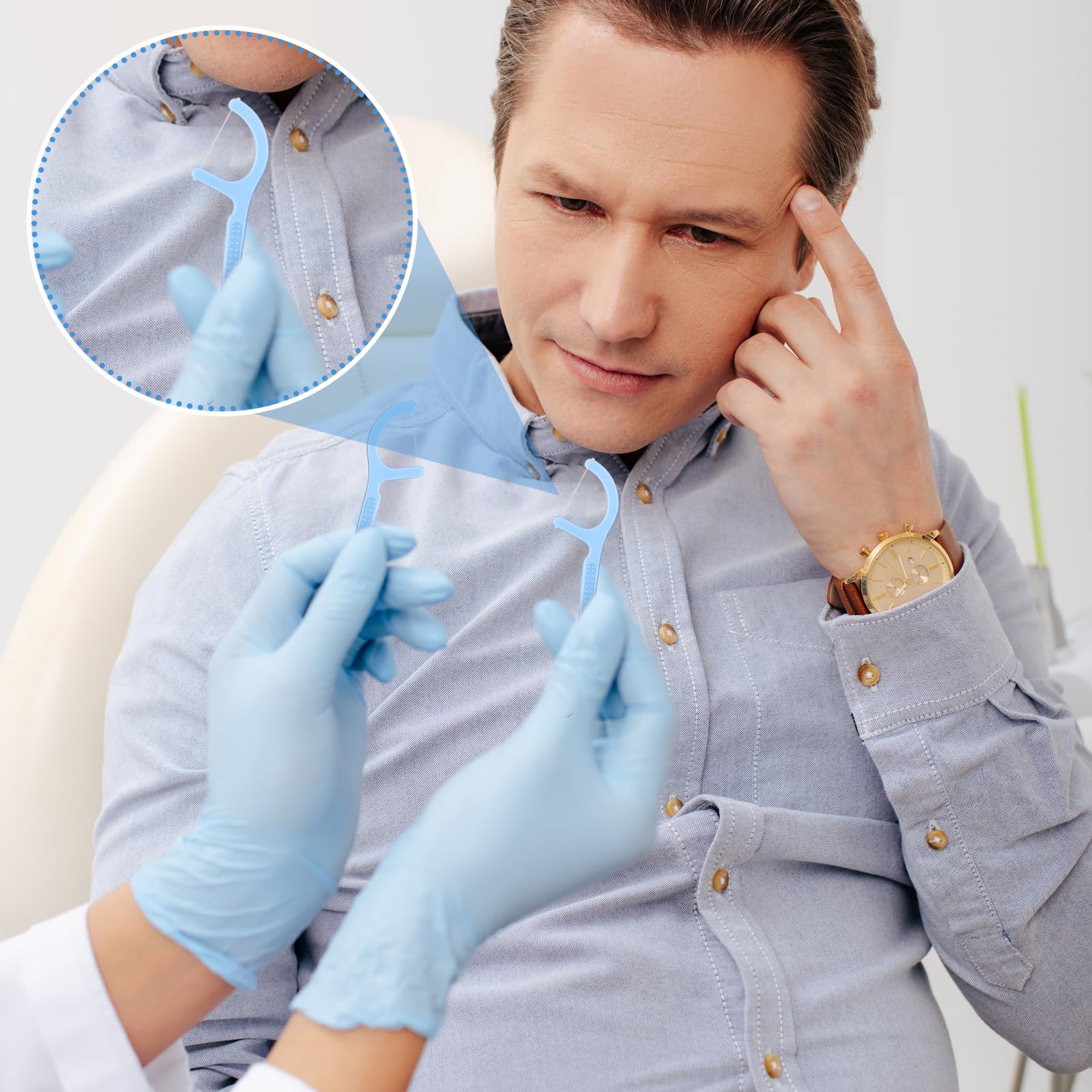 Floss picks removing food particles and plaque, blue