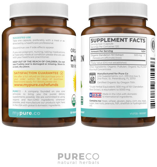 Dandelion root capsules; organic ingredients