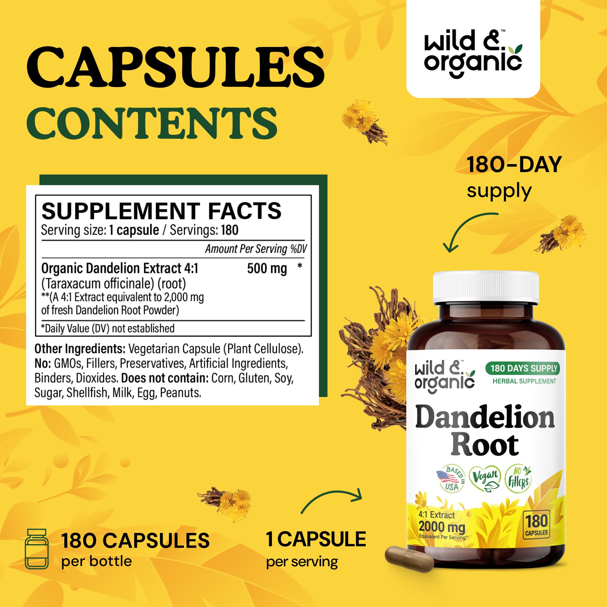 Label showing 500 mg extract per capsule (2,000 mg fresh root equivalent)