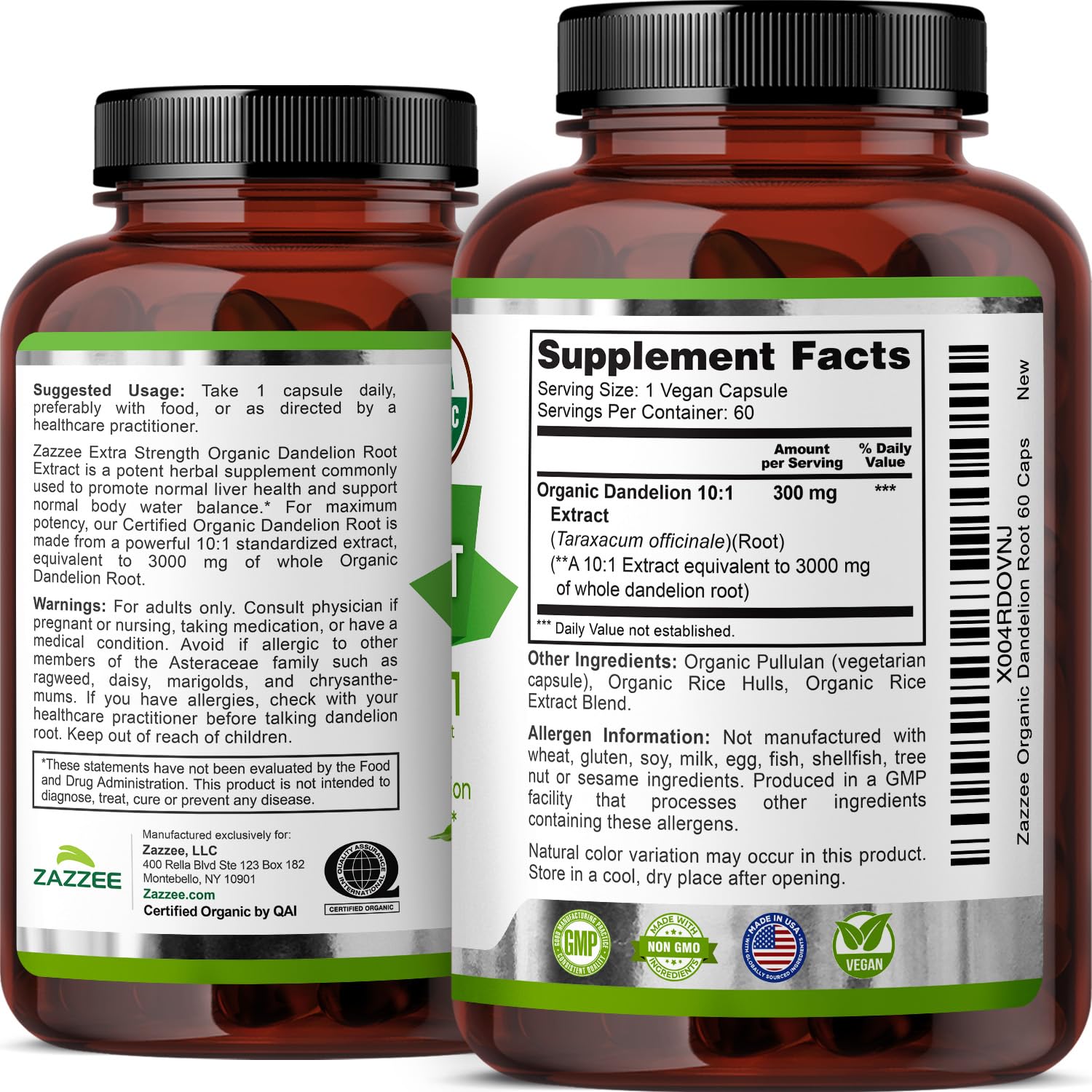 Dandelion Root Extract ingredients label: vegan and gluten-free
