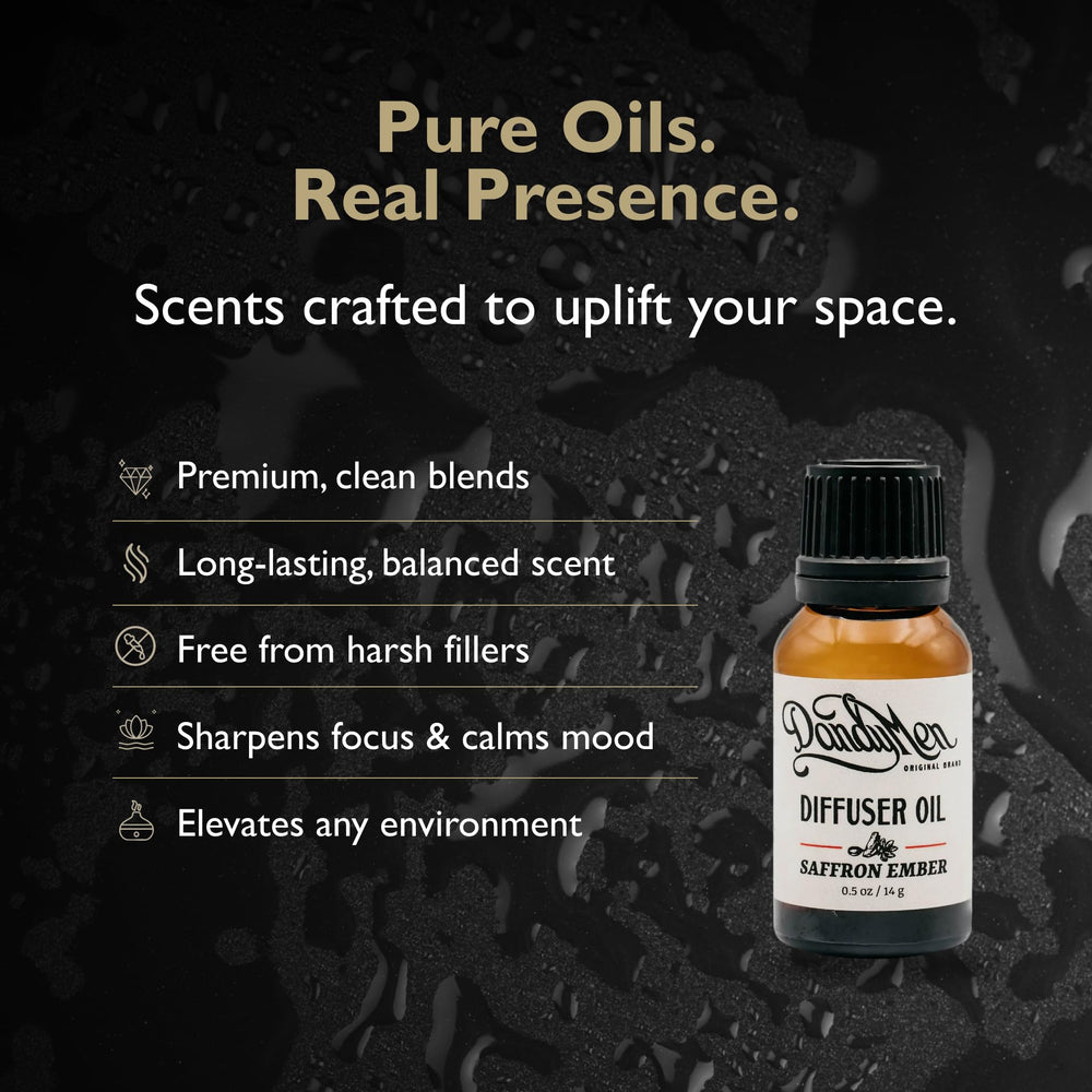DandyMen saffron ember scent bottle showcases bold, uplifting vibe for energizing spaces.