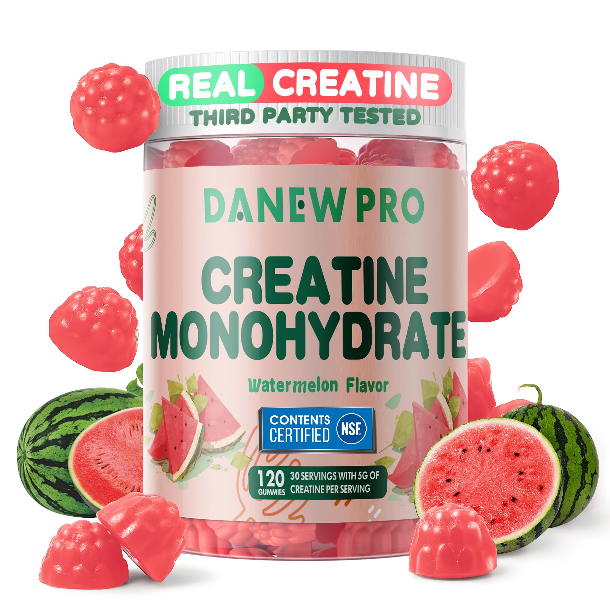 Bottle of DANEW Pro Creatine Monohydrate Gummies Watermelon flavor on a white background