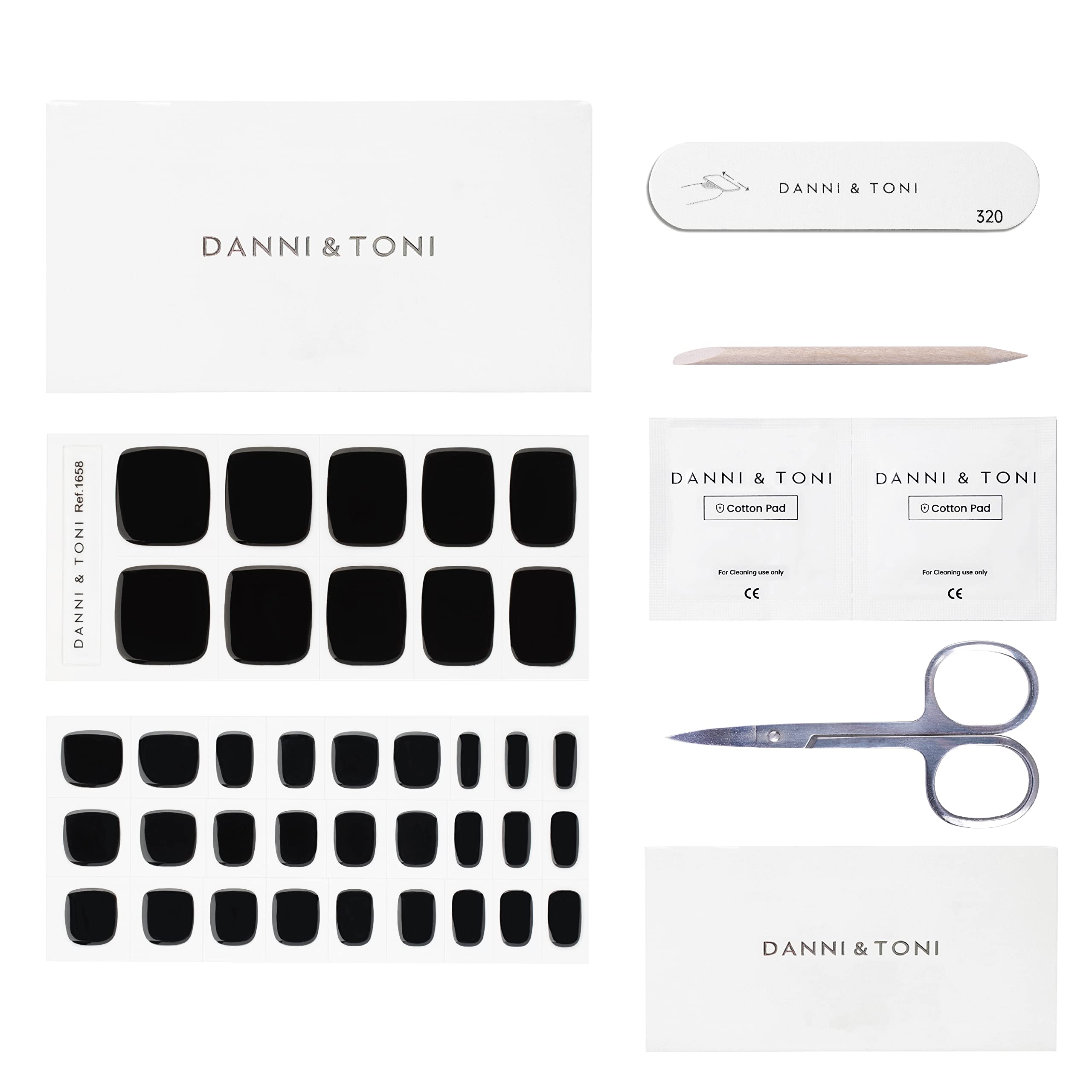 DANNI & TONI pedicure kit includes 37 stickers and essential tools.