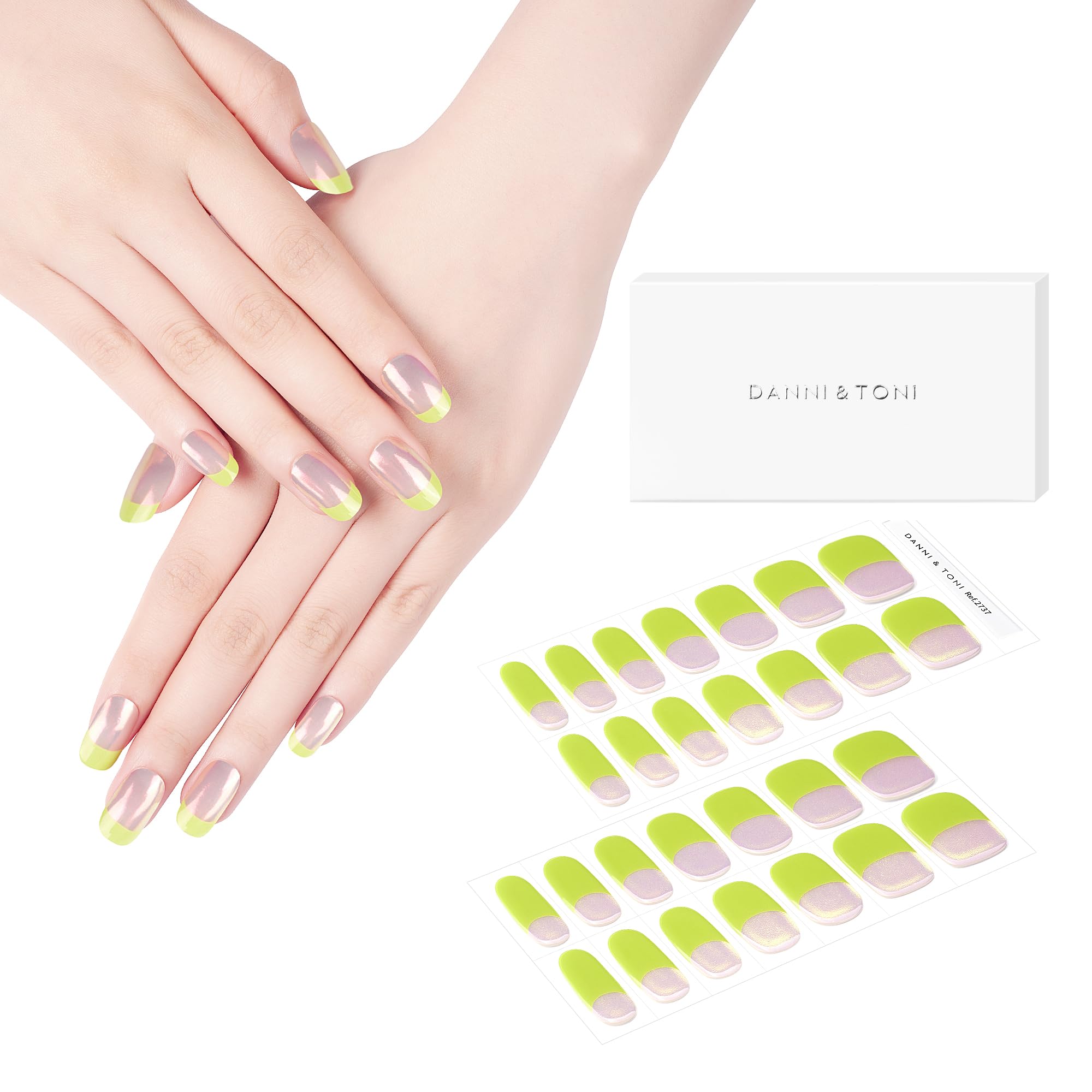 DANNI & TONI neon green French tips gel wraps for fast at-home salon-style nails.