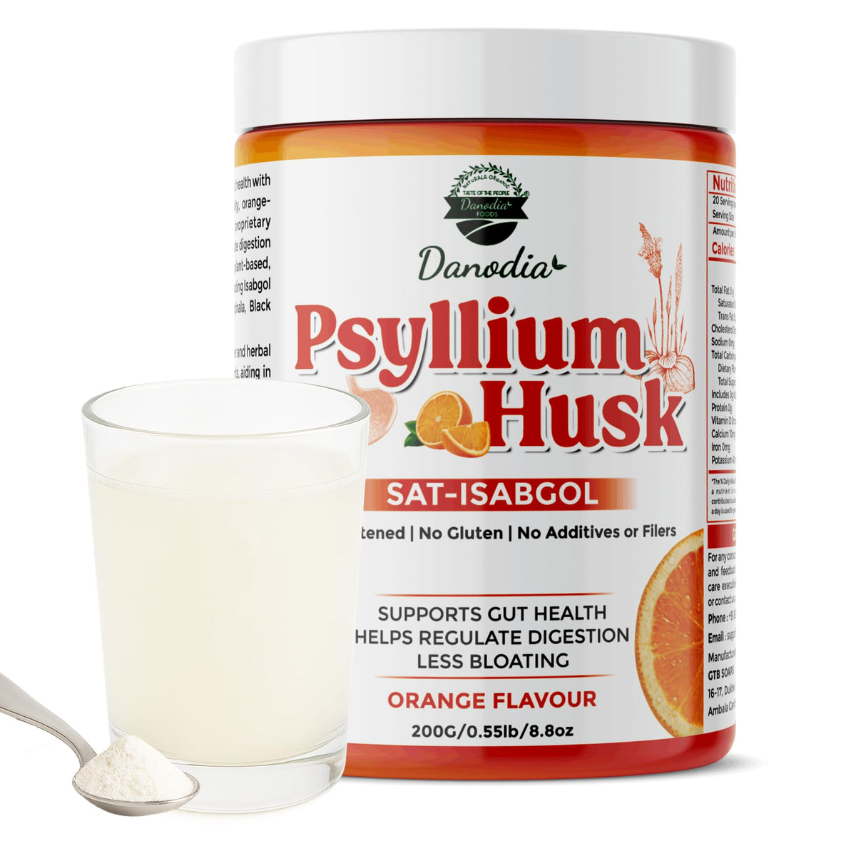 Danodia Foods Organic Psyllium Husk Powder Mild Orange Flavor 200g – front view