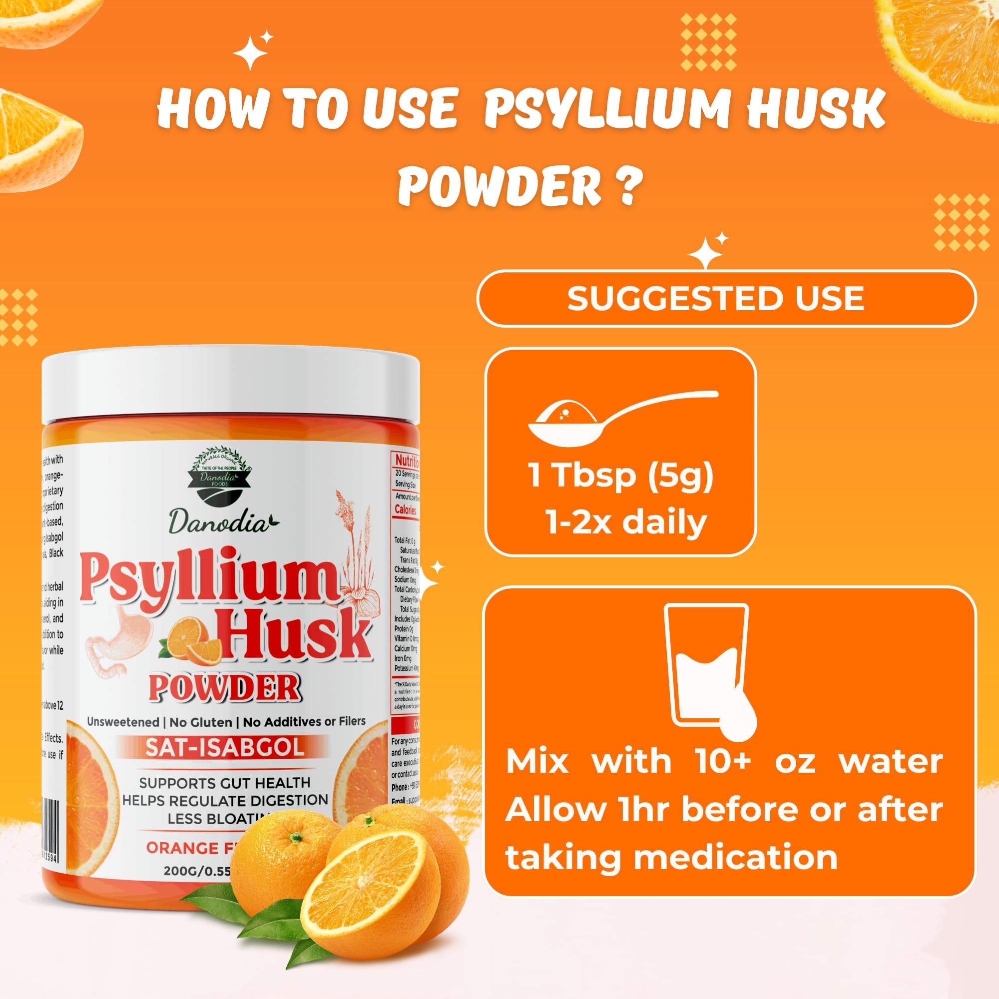 Close-up of orange-flavored psyllium powder texture