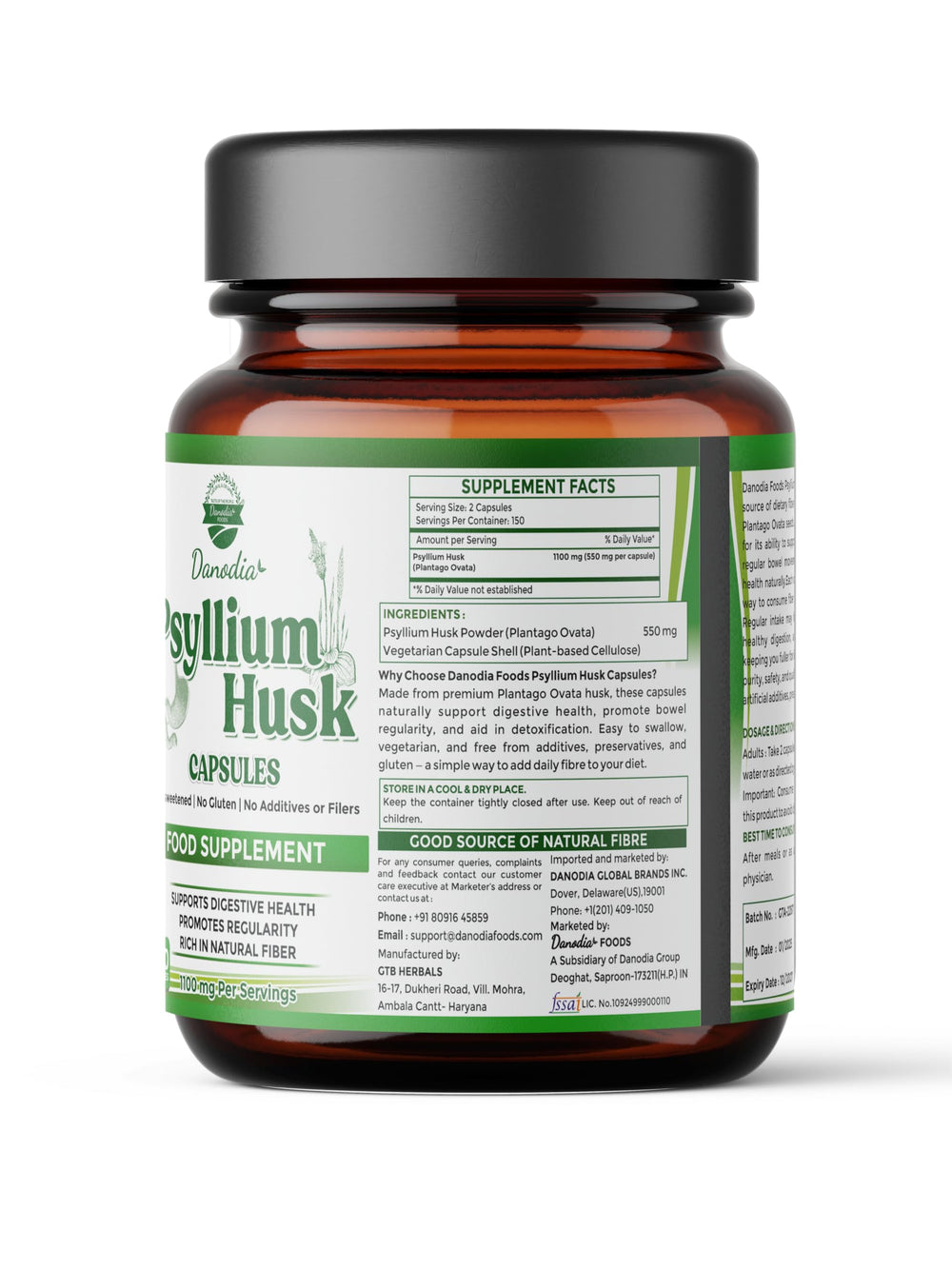 Back view of Danodia Foods Psyllium Husk Capsules bottle – 300 count
