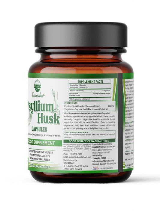 Back view of Danodia Foods Psyllium Husk Capsules bottle – 300 count