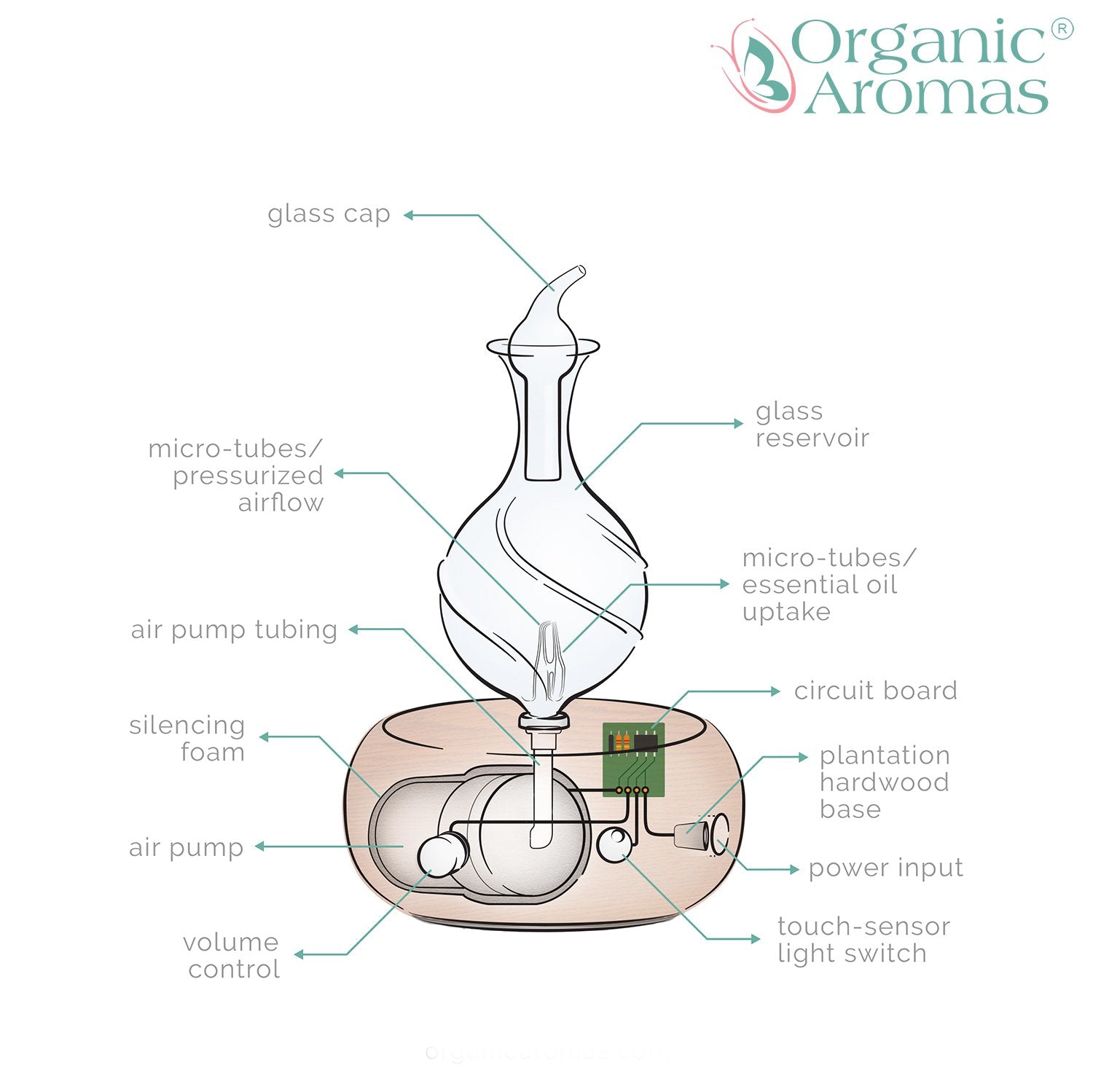 Close-up of diffuser showing a whisper-quiet air pump atomizing essential oil