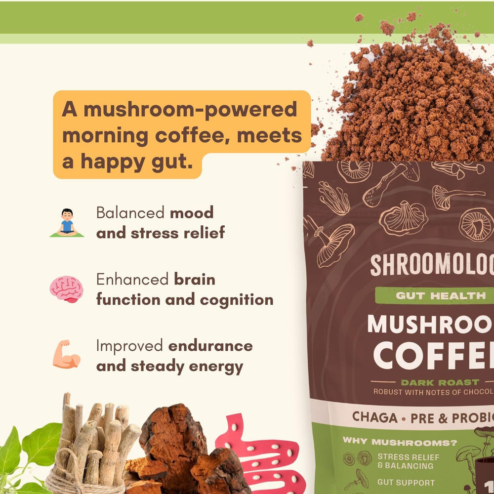 Brewed dark roast mushroom coffee with chocolate notes
