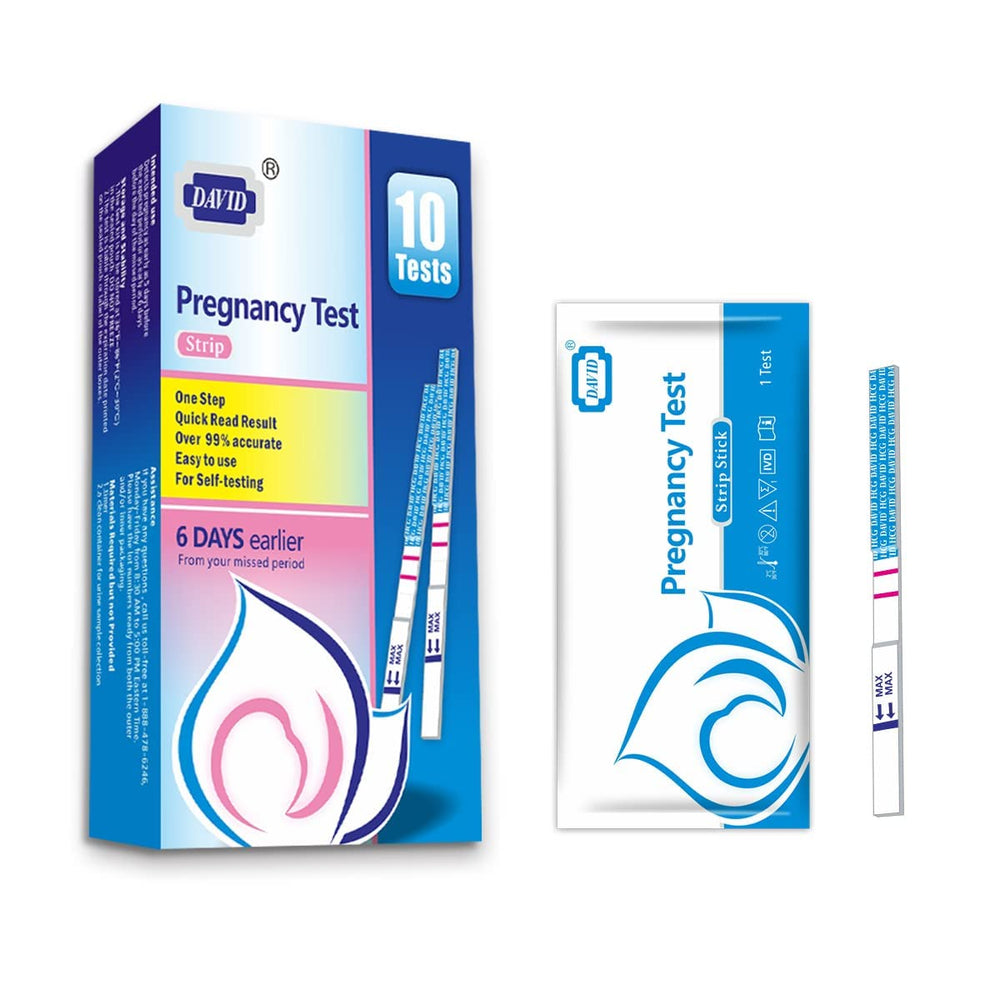 DAVID pregnancy test strips packaging and 10-count box