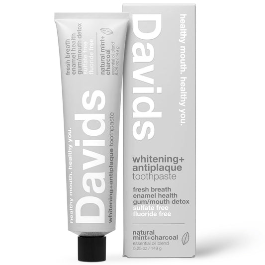 Front view of Davids Charcoal Toothpaste in recyclable metal tube