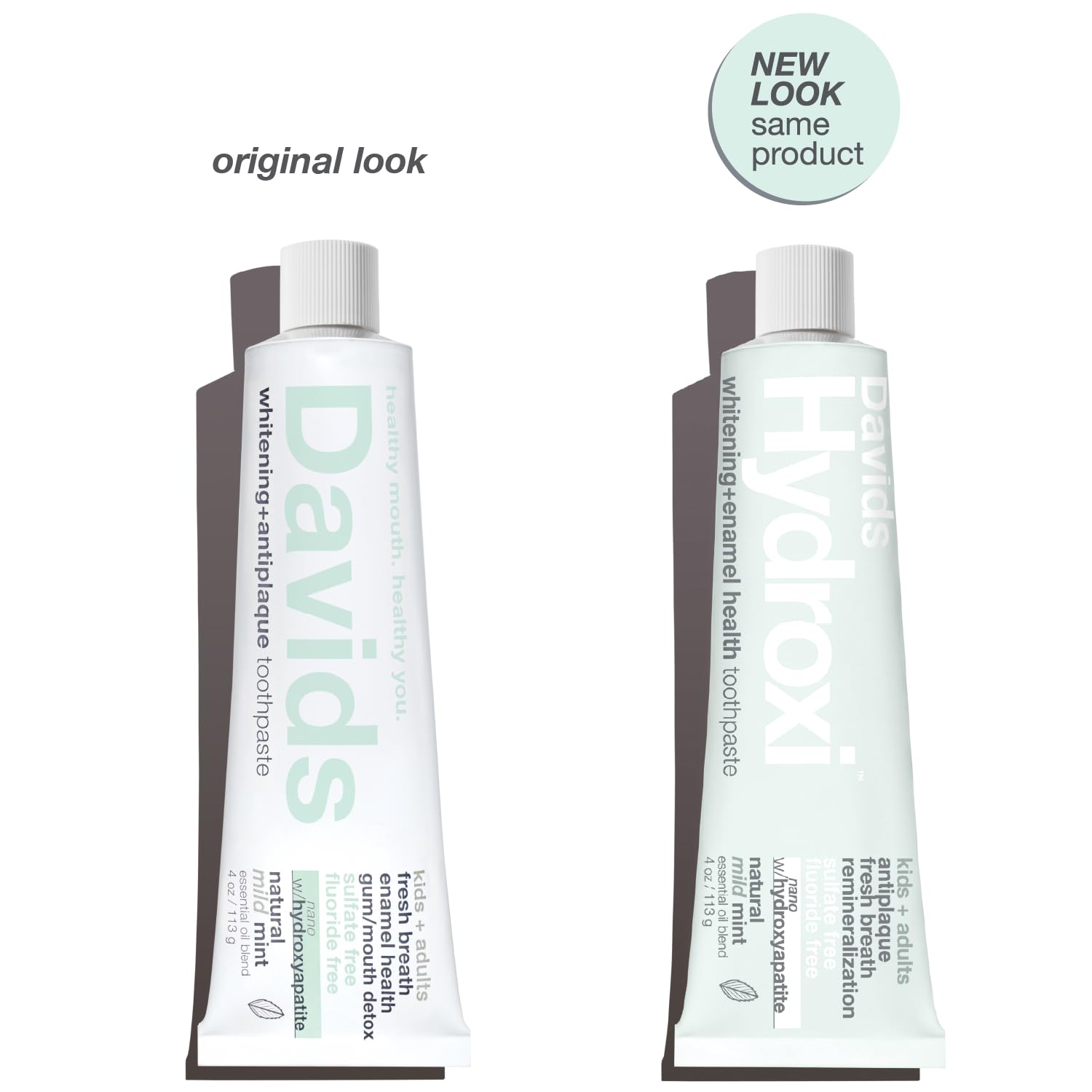 Back view of Davids Hydroxi Mild Mint toothpaste 4 oz tube showing label