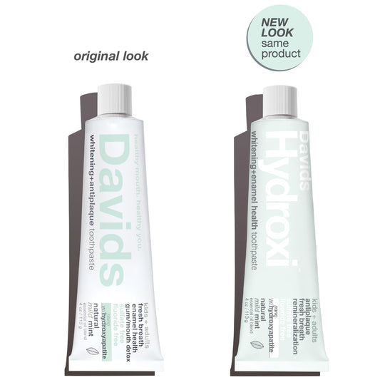 Back view of Davids Hydroxi Mild Mint toothpaste 4 oz tube showing label