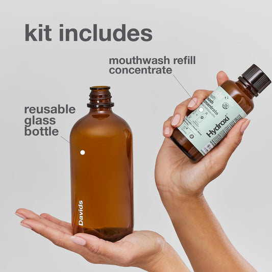 Close-up of Hydroxi Fresh Breath Mouthwash concentrate bottle
