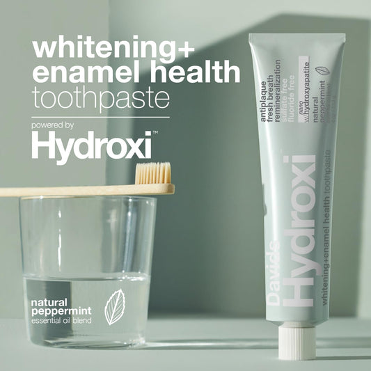 Close-up of Davids Hydroxi toothpaste tube label