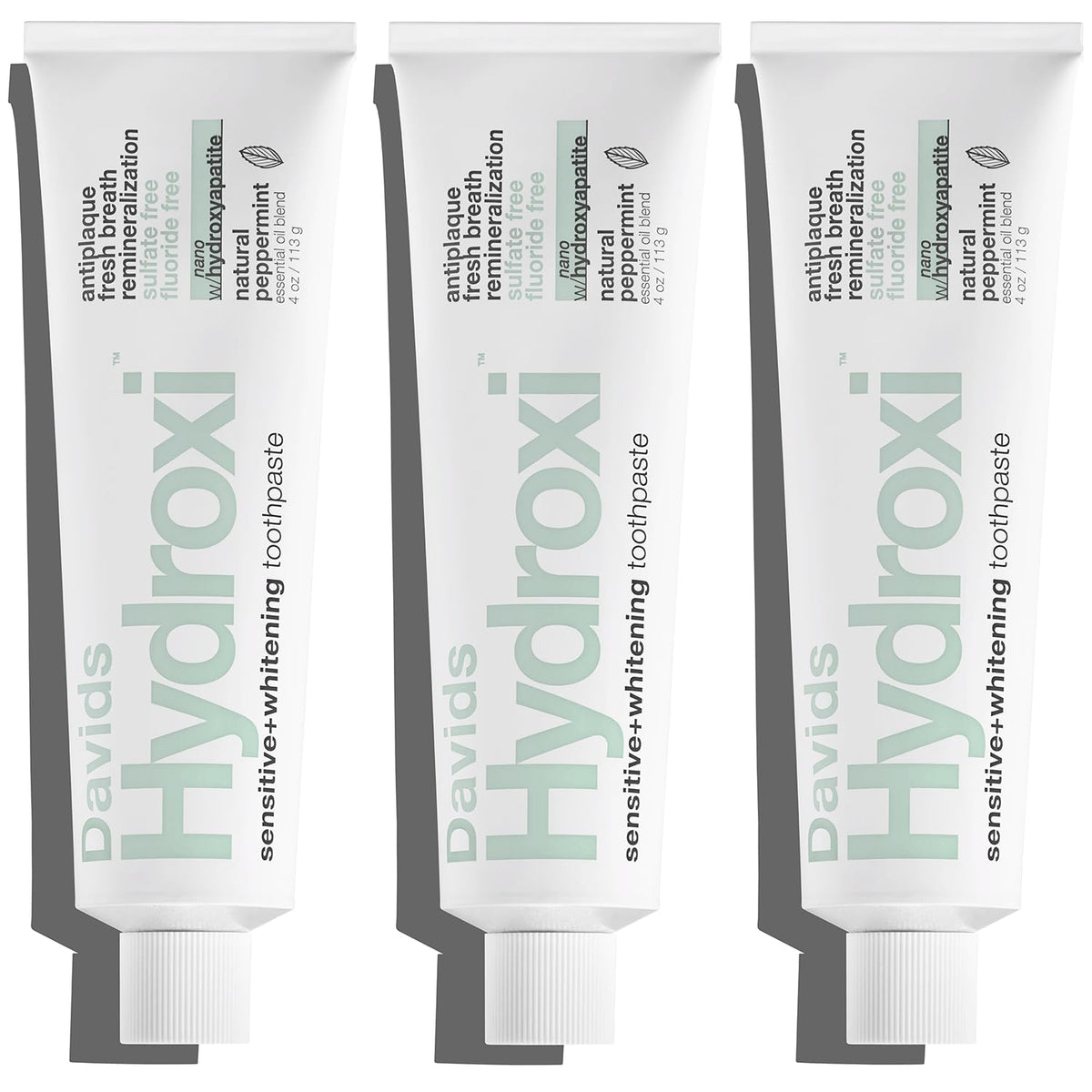 Front view of Davids Hydroxi toothpaste 3-pack