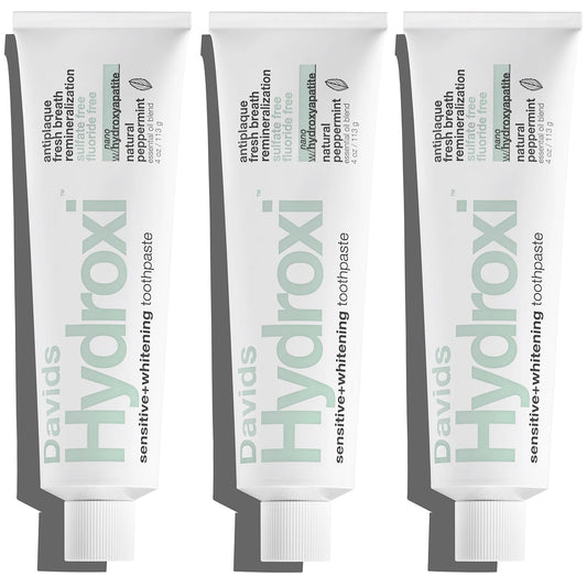 Front view of Davids Hydroxi toothpaste 3-pack