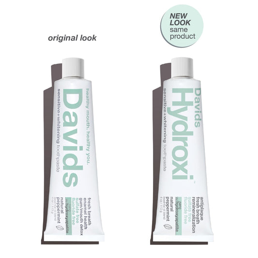 Packaging and tubes of Davids Hydroxi toothpaste