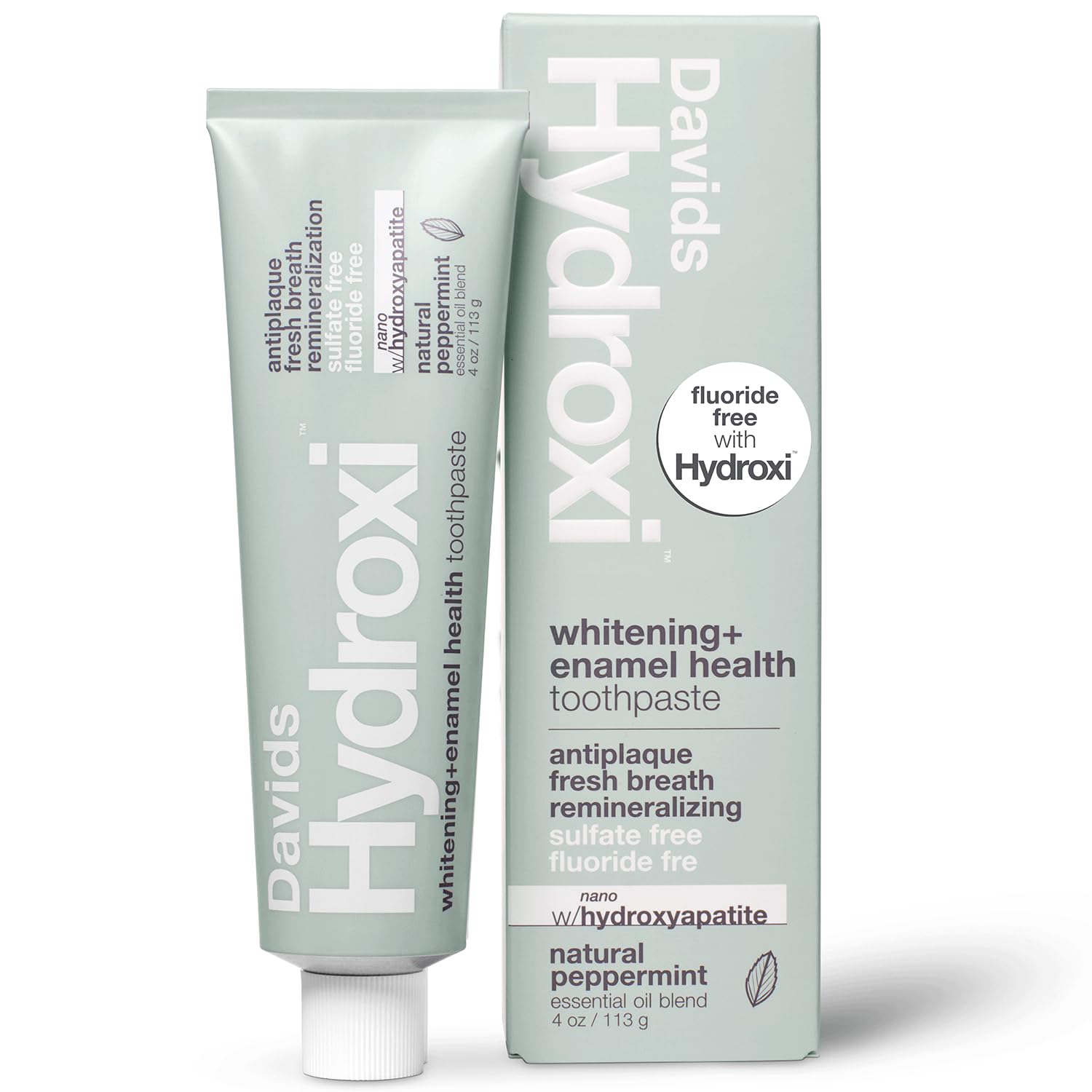Front view of Davids Hydroxi toothpaste tube and outer box
