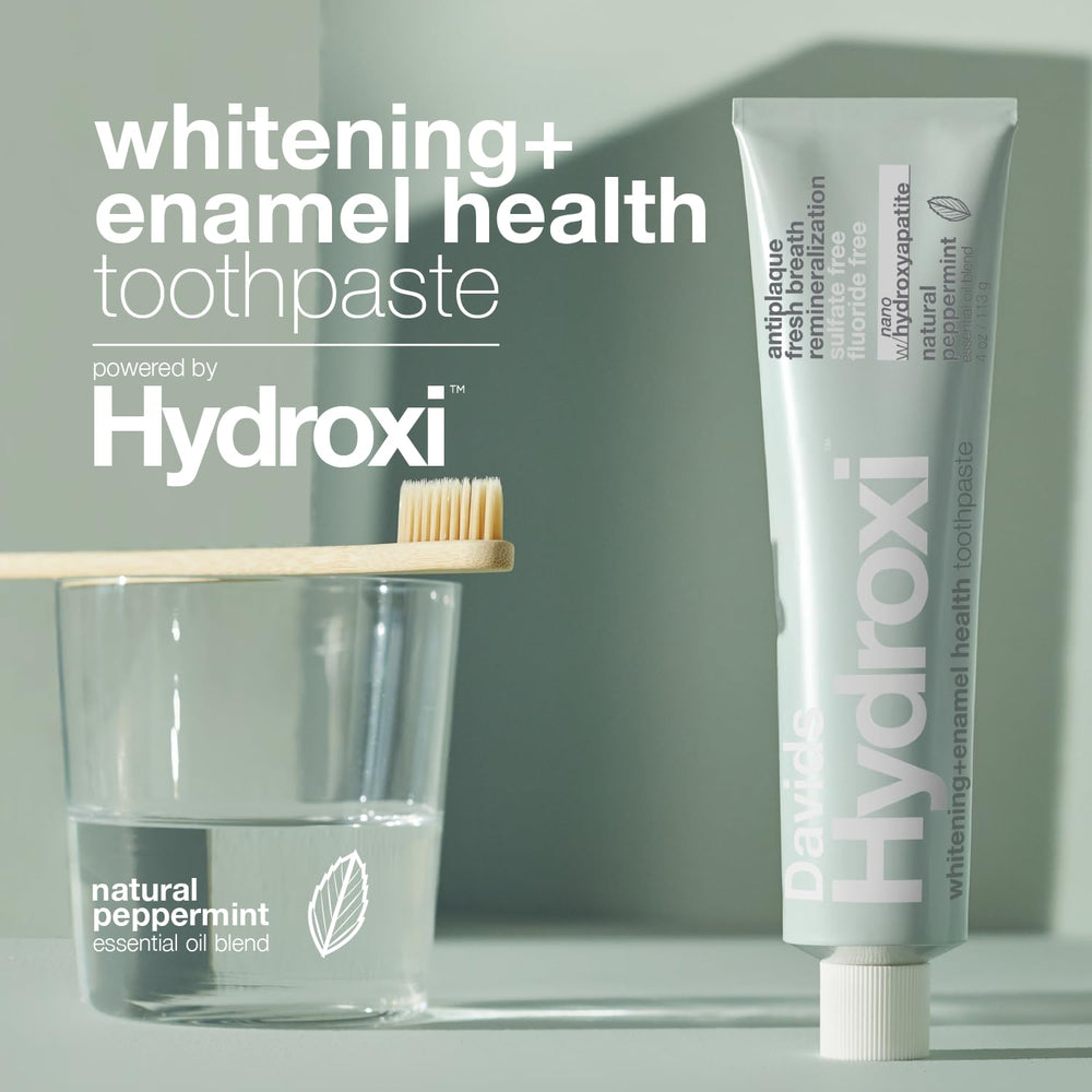 Close-up label showing fluoride-free and vegan claims on Davids Hydroxi toothpaste
