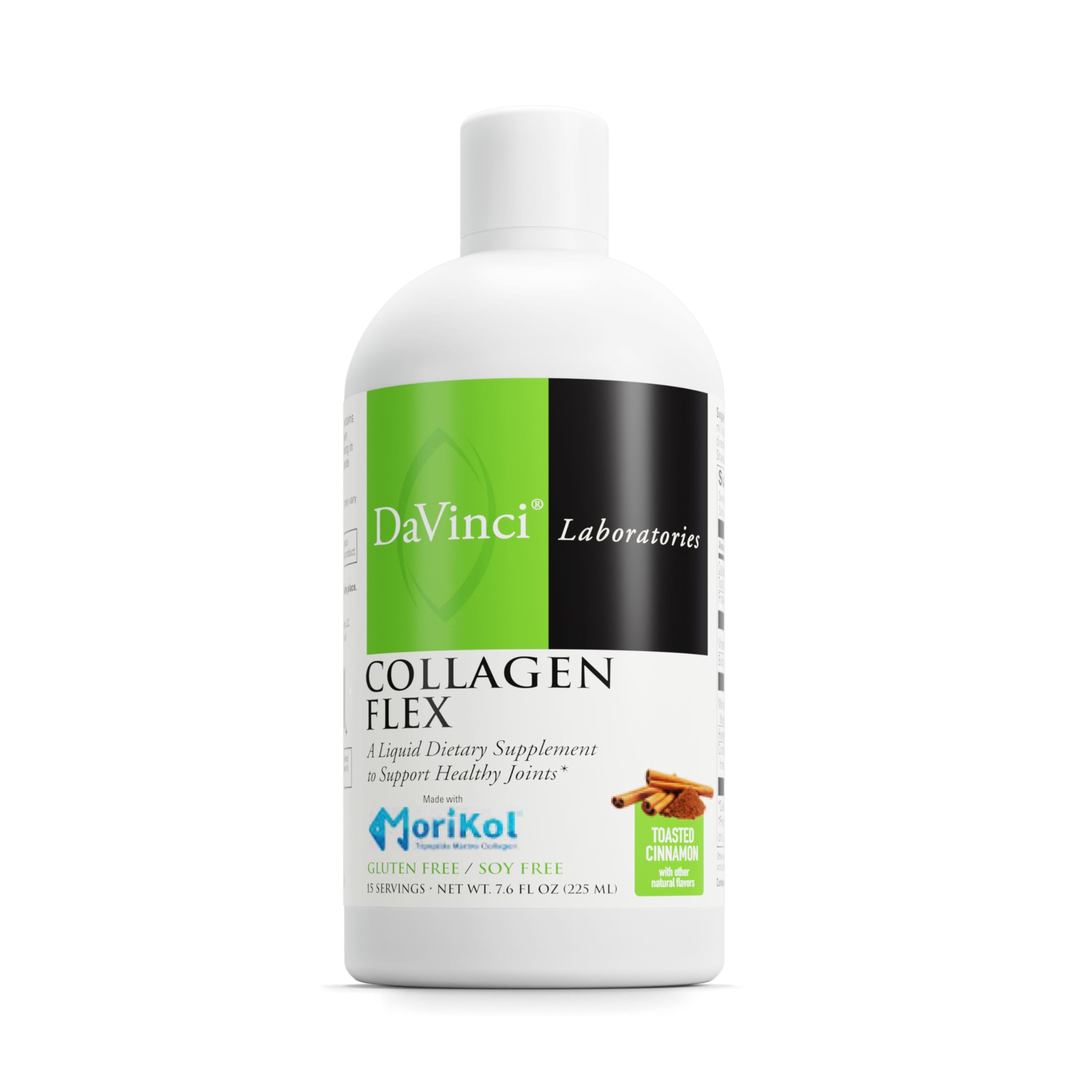 Front view of DAVINCI Labs Collagen Flex bottle in Toasted Cinnamon flavor, 7.6 fl oz