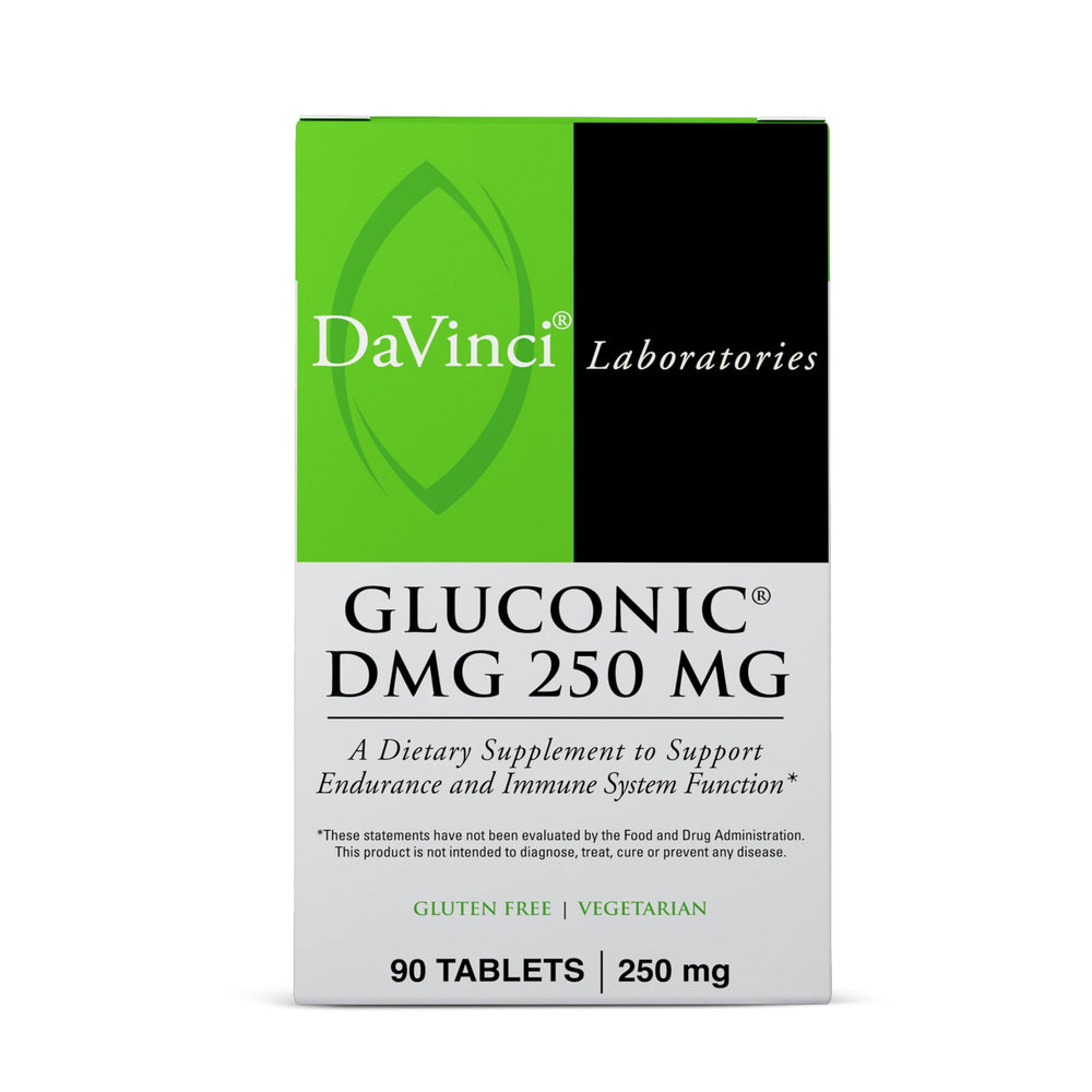 Bottle of DaVinci Gluconic DMG 250mg chewable tablets