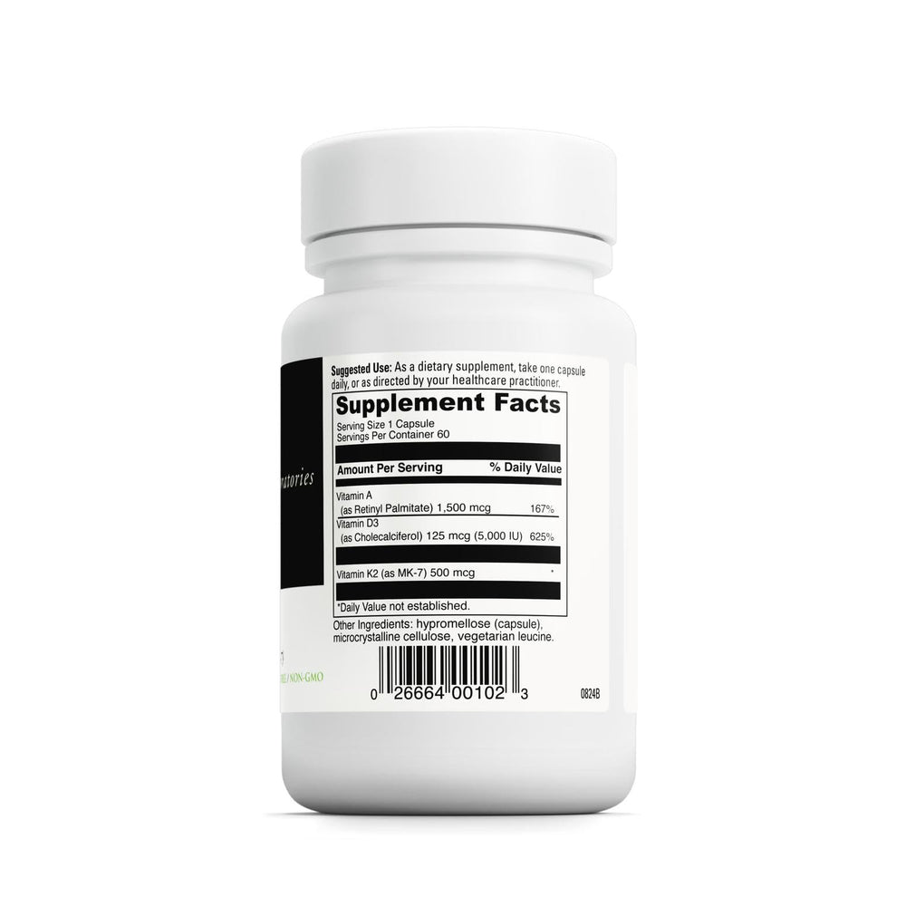 Illustration of vitamins A, D3, and K2 MK-7 with bone and heart icons