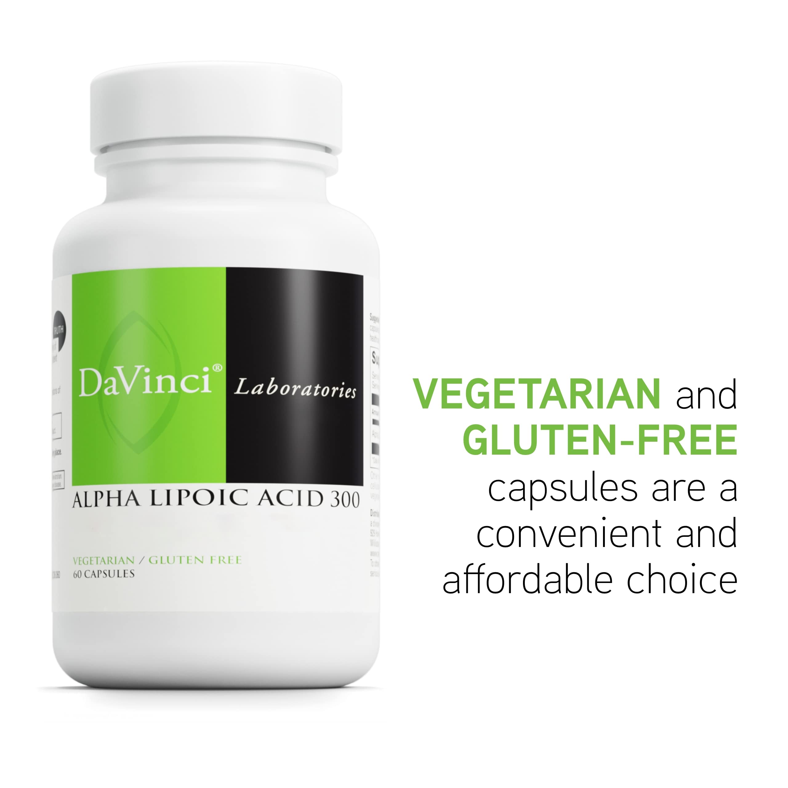 Side view of gluten-free, vegetarian Alpha Lipoic Acid 300 bottle