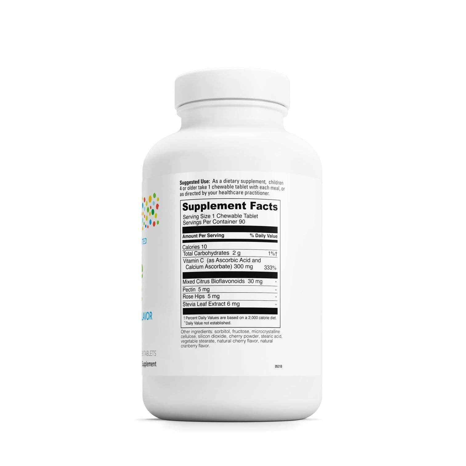 Close-up of cherry-flavored chewable vitamin C tablets for children